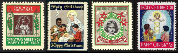 Vier USPS-Weihnachtsmarken mit dem Titel "Heiliger Kindheit" und "Frohe Weihnachten" zeigen eine Gruppe von Menschen auf schwarzem Hintergrund.