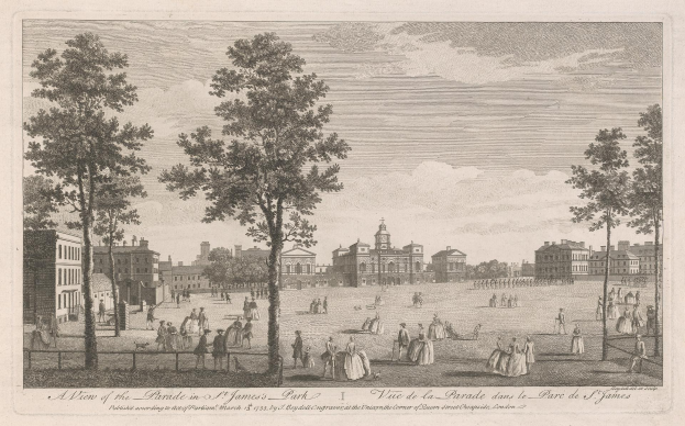 Eine Gruppe von Menschen, die in St. James Park während eines Umzugs steht und sitzt, mit Bäumen und Gebäuden im Hintergrund unter einem bewölkten Himmel.