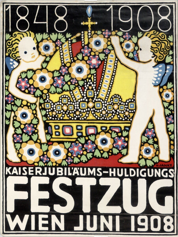 Plakat für ein Festival in Wien, Österreich, mit einem Gemälde von einem Jungen und einem Mädchen nebeneinanderstehend mit ihren Armen umeinander, begleitet von Text.