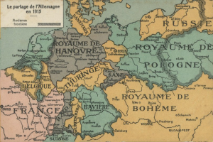 Eine Europakarte, die die Provinzen Frankreichs und Deutschlands hervorhebt und Städte, Flüsse und geografische Merkmale beschriftet.