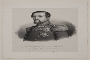 Eine Schwarz-Weiß-Zeichnung eines Mannes in militärischer Uniform mit Schirmmütze und Gürtel, identifiziert als Friedrich von Syvende, der Kaiser von Deutschland, mit ernstem Gesichtsausdruck und direktem Blick.