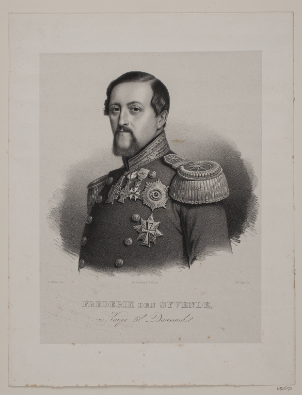 Eine Schwarz-Weiß-Zeichnung eines Mannes in militärischer Uniform mit Schirmmütze und Gürtel, identifiziert als Friedrich von Syvende, der Kaiser von Deutschland, mit ernstem Gesichtsausdruck und direktem Blick.