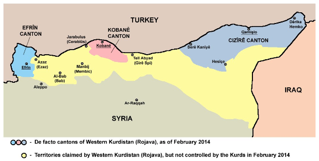 Detailierte Karte von Syrien und dem Irak mit Grenzen, Städten und Gewässern, begleitet von Text, der das Ausmaß ihres Konflikts beschreibt.