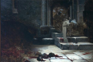 Eine Person auf einer Treppe in einem Foto Rahmen, mit Säulen und Blutspuren auf dem Boden im Hintergrund sichtbar.