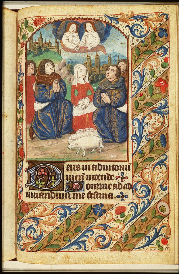 Eine farbenfrohe illuminierte Handschriftenseite, die die Geburt Jesu und Maria zeigt, umgeben von Menschen in traditioneller Kleidung und grasenden Tieren, mit detaillierten Verzierungen und einer friedlichen, sonnendurchfluteten Szenerie.