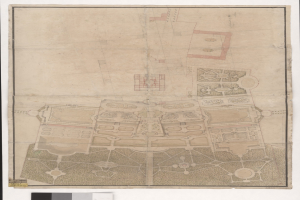 Eine von Hand gezeichnete Stadtplan auf Papier mit dichter Gebäudeanordnung, einem zentralen Gebäude und begleitendem Text.