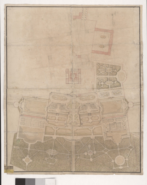 Eine von Hand gezeichnete Stadtplan auf Papier mit dichter Gebäudeanordnung, einem zentralen Gebäude und begleitendem Text.