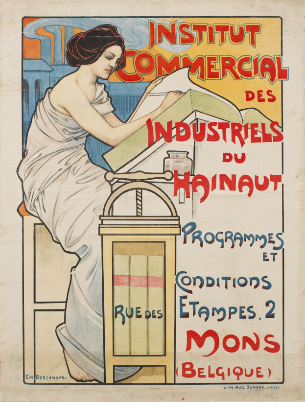 Ein Plakat, das das Institut Commercial des Industriels du Hainaut bewirbt und eine Frau zeigt, die an einem Tisch sitzt und ein Buch hält, mit Text, der Informationen über das Institut bereitstellt.