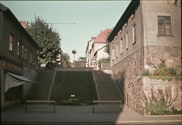Altes Schwarz-Weiß-Foto einer Stadtstraße mit Gebäuden, Bäumen, Straßenlaternen, Treppen, Bänken, Pflanzen und Gras unter einem Himmel-Hintergrund.