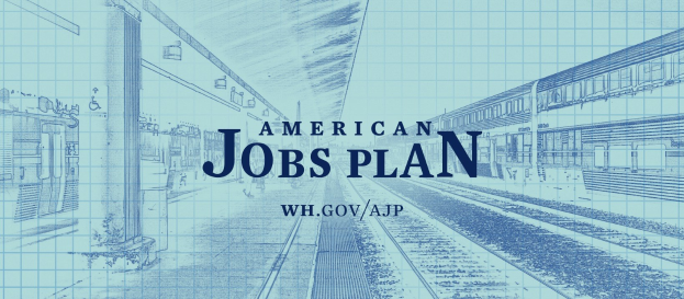 Blaupause einer Bahnstation mit der Aufschrift "American Jobs Plan" und einem Zug auf der rechten Seite.