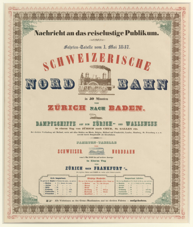 Plakat mit einem Zug in der Mitte mit einem hellgelben Hintergrund und einem schwarz-weißen Karomuster, Text lautet "Schweizerische Nordbahn in Baden, Deutschland" in fetter schwarzer Schrift mit einem dekorativen Rahmen.
