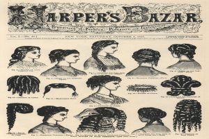 Schwarz-weiß-Bilder von Frauen mit verschiedenen Frisuren aus Harper's Bazaar, begleitet von Text auf einem zerknitterten Papierhintergrund.