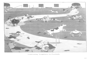 Eine Schwarz-Weiß-Zeichnung von Menschen und Tieren in einem Feld mit einer Wand und Fenstern im Hintergrund und Text unten mit der Aufschrift "Robustheit im Fußball züchten".