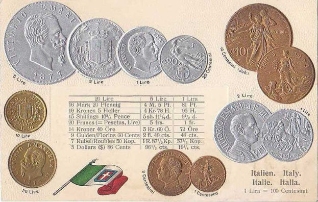 Ein Blatt Papier mit einer Reihe italienischer Münzen von 1877–1910, darunter mehrere 20-Lire-Stücke mit Text- und Porträtmotiven, sowie zwei Flaggen unten, darunter die italienische Flagge.