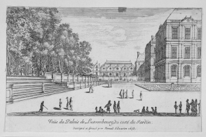 Eine Zeichnung eines Parks mit Menschen, die zwischen Bäumen und Gebäuden spazieren gehen, mit Text unten.