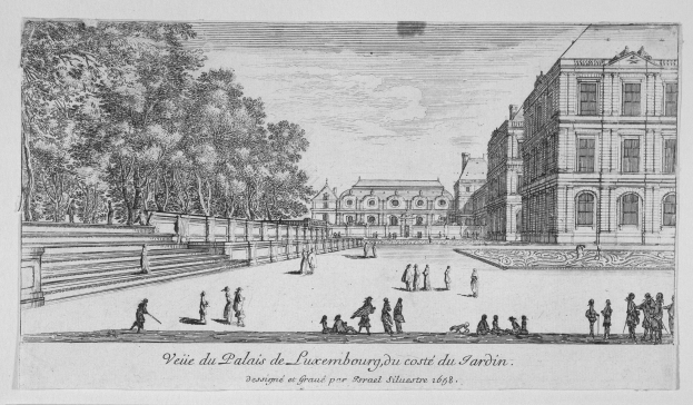 Eine Zeichnung eines Parks mit Menschen, die zwischen Bäumen und Gebäuden spazieren gehen, mit Text unten.