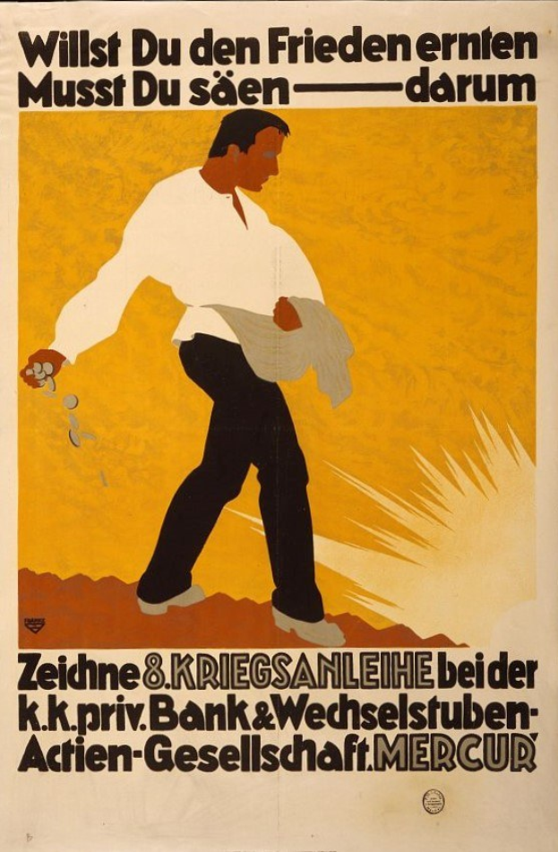 Deutsches Propagandaplakat für die Deutsche Bank mit einem Mann in einem weißen Hemd und schwarzen Hosen, mit Text, der Bankinformationen bereitstellt.