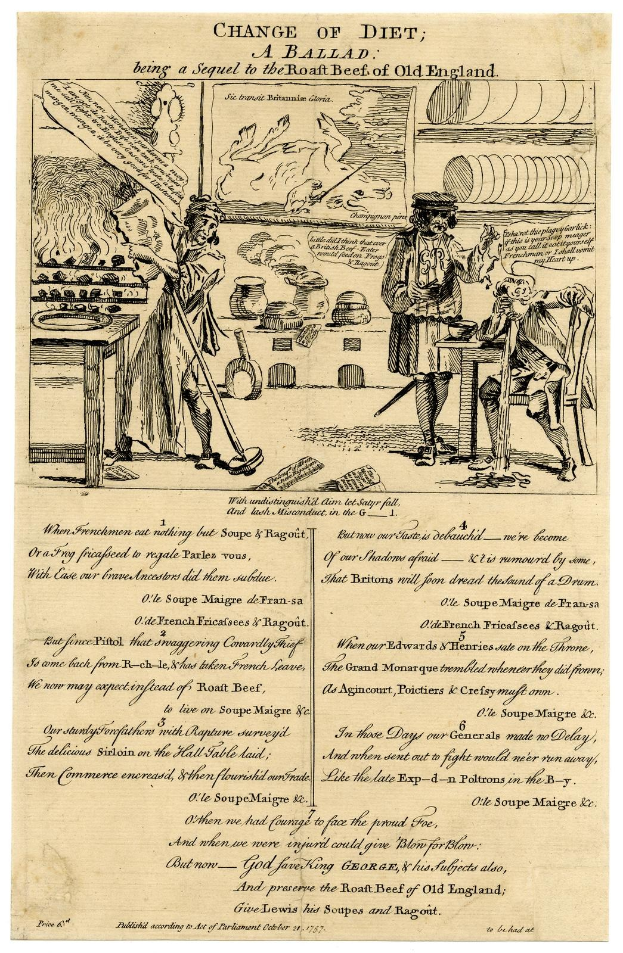 Eine Schwarz-Weiß-Illustration eines alten Buchumschlags, der einen Mann zeigt, der mit einem Stock steht und eine Frau, die an einem Tisch in einer Küche sitzt, mit dem Titel "Change of Diet, a Ballad, Being a Sequel to the Roast Beef of Old England" auf der Seite.
