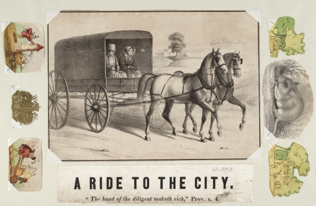 Pferdekutsche mit zwei Passagieren, umgeben von Bäumen, mit Text "eine Fahrt in die Stadt" unten.