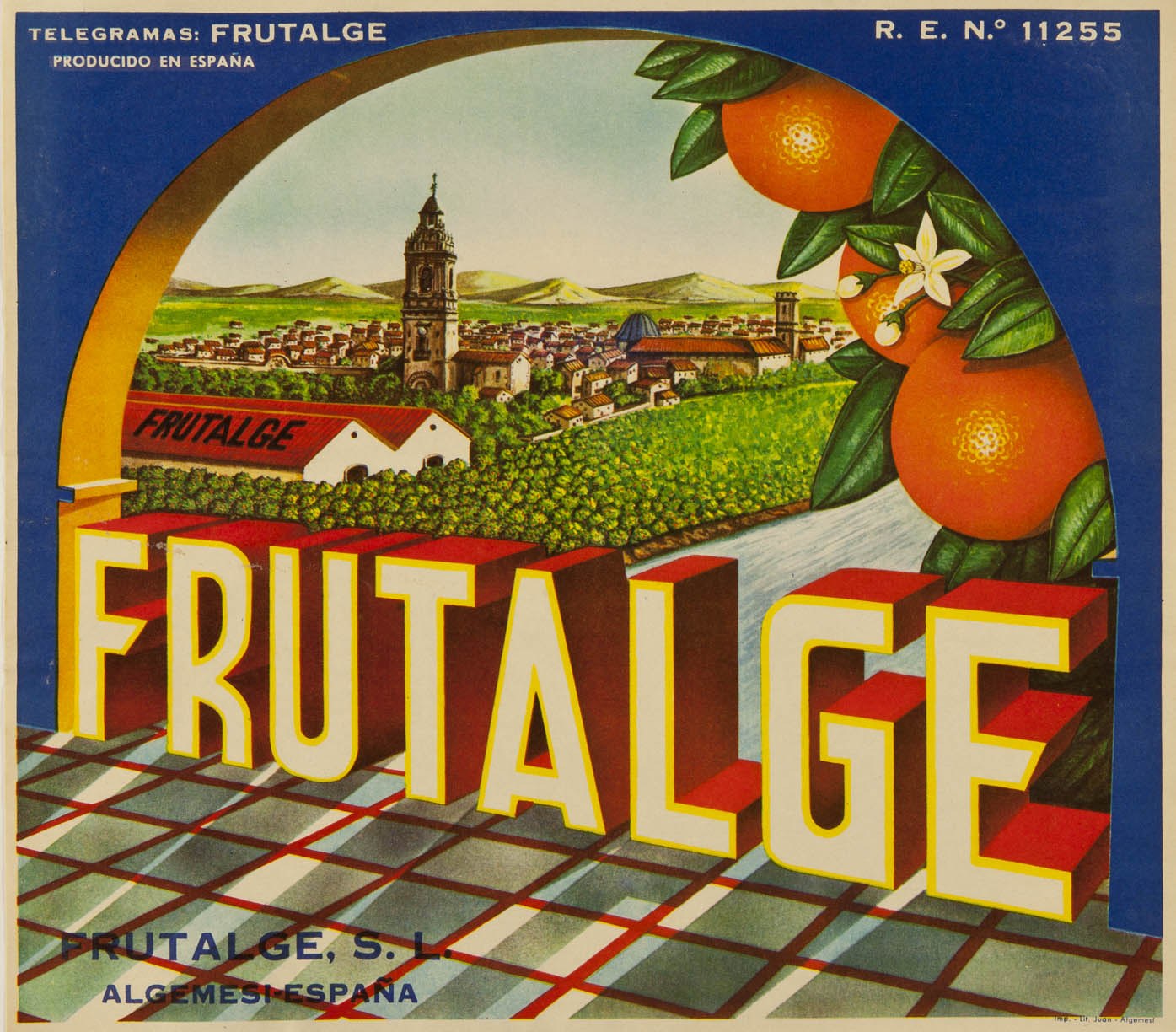 Ein Vintage-Plakat mit leuchtend orangefarbenen Orangen, umgeben von Text, Gebäuden, Bäumen, Höllen und einem Himmel.