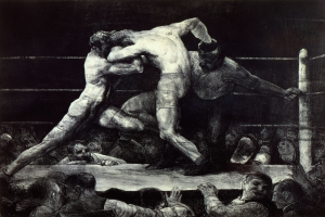 Schwarz-weiß-Zeichnung von zwei Boxern im Ring, einer führt einen Schlag aus, während der andere sich verteidigt, mit einer jubelnden Menge im Hintergrund.