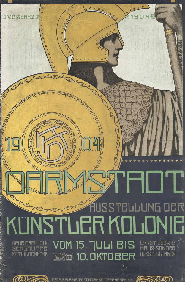 Plakat für ein 1904er Konzert in Berlin mit einem Helmbewaffneten, der ein Schild hält, mit der Aufschrift "Darmstadt" und "Kuenstler Kolonie."