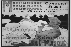 Ein Schwarz-Weiß-Plakat, das ein Moulin-Rouge-Konzert in Paris ankündigt und einen Mann und eine Frau tanzen zeigt.