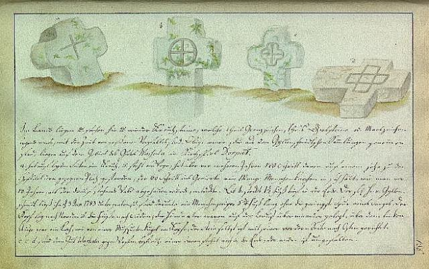 Alter deutscher Familienschrieb aus dem Jahr 1823 mit vergilbtem Papier, das eine saubere Kurrentschrift und drei keltische Kreuze mit detaillierten Verzierungen zeigt.