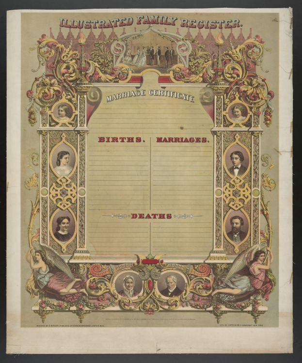 Illustrierter Familienbuch-Eintrag Heiraten mit schwarzem Hintergrund, zeigt Bilder von Menschen und Text 'Geburten, Hochzeiten, Todesfälle'.