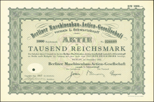 Altes deutsches Aktienzertifikat mit schwarzem und grünem Rand, das Text enthält, der darauf hinweist, dass es von der deutschen Regierung ausgegeben wurde.