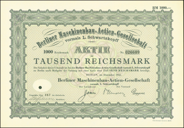 Altes deutsches Aktienzertifikat mit schwarzem und grünem Rand, das Text enthält, der darauf hinweist, dass es von der deutschen Regierung ausgegeben wurde.