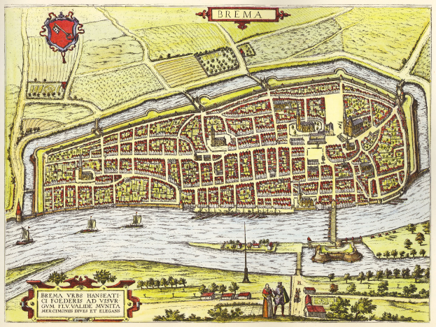 Ein detailliertes Stadtplan-Poster von Bremen, Deutschland, das Straßen, Gebäude und Sehenswürdigkeiten zeigt.