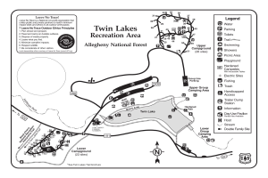 Detailierte Karte des Twin Lakes Freizeitgebiets mit Wanderwegen, Sehenswürdigkeiten und Wegstrecken.