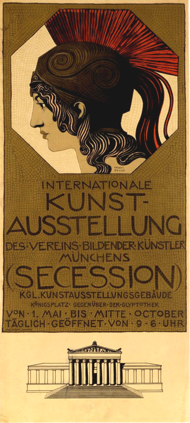Ein Plakat für die Internationale Kunstausstellung in München, Deutschland, das eine Frau mit einem menschlichen Gesicht in der Mitte und Text mit Informationen zum Ereignis zeigt.