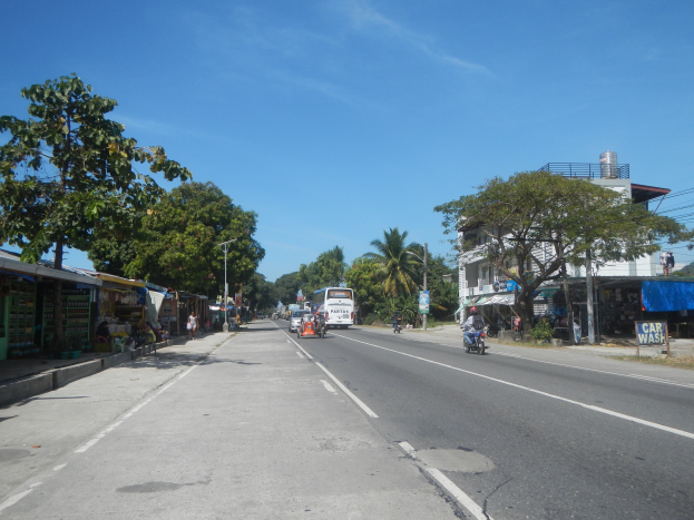 Eine belebte Stadtstraße mit Fahrzeugen, Fußgängern, Geschäftsfronten, Bäumen, Gebäuden, Strommasten mit Drähten und einem bewölkten Himmel.