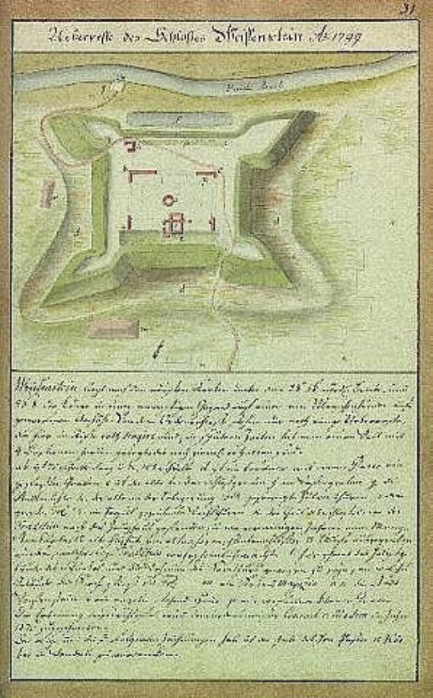 Alte Karte von Stuttgart, Deutschland, mit einer Burgen-Illustration und detaillierten Texten über ihre Größe, Lage und Merkmale.