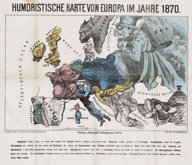 Plakat mit der Bezeichnung "Humoristische Karte von Europa im Jahre 1870", das eine zentrale Karte von Europa mit Cartoon-Illustrationen und Text zeigt.