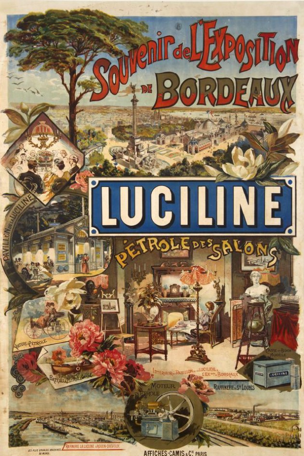 Plakatankündigung für Luciline Petrole des Salons in Bordeaux, Frankreich, mit Bildern von Menschen, Bäumen, Gebäuden, Blumen und Text.