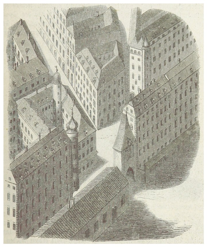 Eine historische Stadtansicht mit verschiedenen Architekturgebäuden und Text unten.