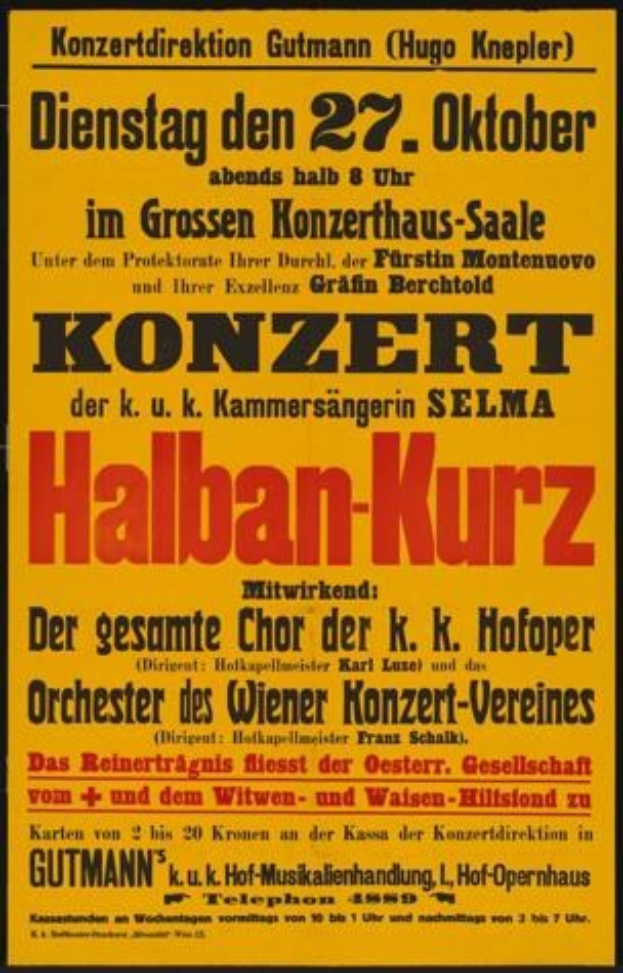 Gelbes Plakat in Berlin wirbt für ein Konzert mit dem Titel "Konzert Halban-Kurz".