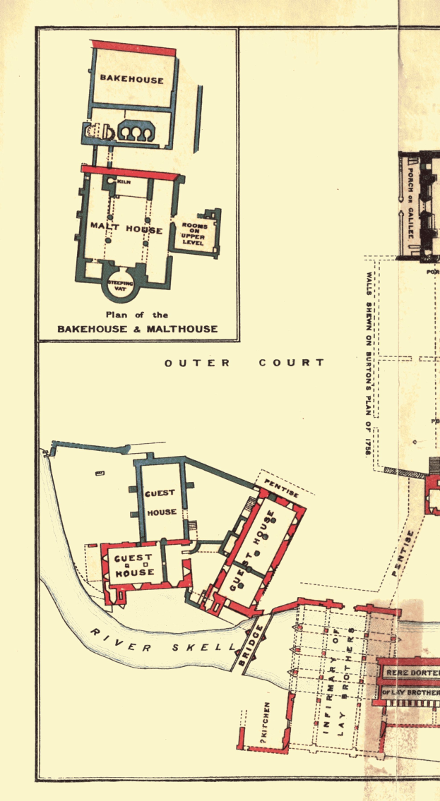 Ein altes Gebäudeplan mit mehreren R"umen und einem Haus, mit Text, der das Layout beschreibt.