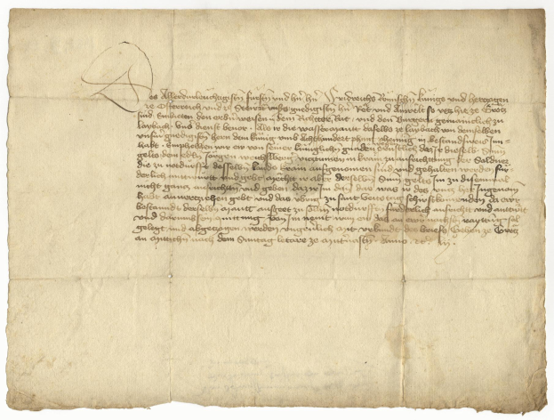 Ein vergilbtes, altes Stück Papier mit sauberer, lesbarer Schreibschrift, das mutmaßlich ein Brief des deutschen Finanzministers an seine Frau ist.