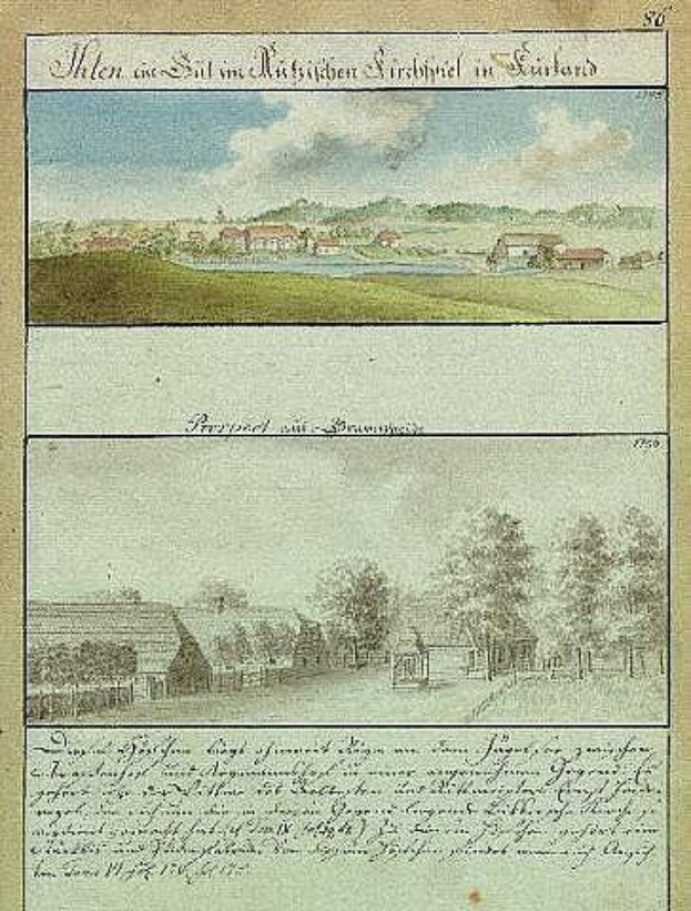 Eine antike Buchillustration, die eine 18. Jahrhundert Münchner Landschaft mit Bäumen, Häusern, Gras und Wolken zeigt, beschriftet mit "München, Deutschland, 1750-1790, Landschaft mit Blick auf die Stadt München".