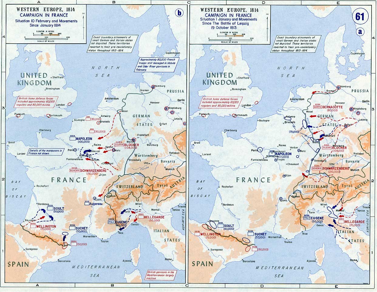 Eine historische Posterkarte von Europa während der Schlacht von Leipzig, unterteilt in Abschnitte für Europa und Frankreich, mit nummerierten Regionen und textuellen Beschriftungen von Städten, Dörfern und geografischen Merkmalen.