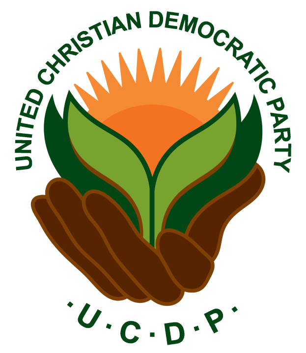Logo der Vereinigten Christlich-Demokratischen Partei (UCDP): eine Hand, die eine leuchtend gelbe Blume mit einem grünen Stiel und Blättern hält, zentriert innerhalb eines blauen und gelben Kreises auf einem weißen Hintergrund, mit "UCDP" in fetter schwarzer Schrift darunter.