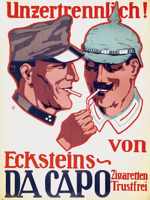Deutsches Propagandaplakat mit zwei Männern in Mützen, die Zigaretten rauchen, und Text.