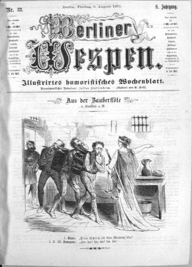Eine schwarz-weiße Zeitung vom 6. August 1875 mit der Überschrift "Berliner Wespn", die eine Zeichnung von einer Gruppe von Menschen in Not zeigt, einige schauen ängstlich nach oben und andere verwirrt nach unten.