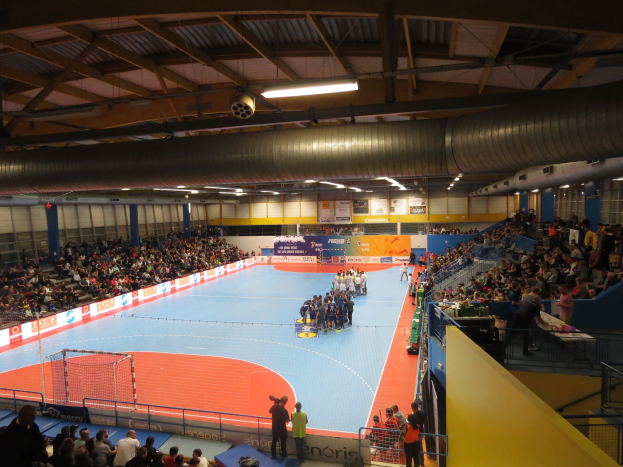 Indoor-Handball-Stadium mit sitzenden und stehenden Zuschauern, einem Netz auf der linken Seite, Anzeigetafeln im Hintergrund und Deckenleuchten und Rohren.