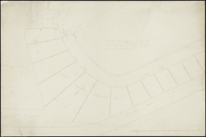 Eine Schwarz-Weiß-Zeichnung einer detaillierten Stadtkarte, die wahrscheinlich New York City zeigt, mit Textanmerkungen auf dem Papier.