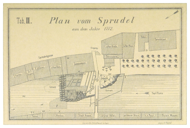 Schwarz-weiß-Zeichnung eines Stadtplans von Spruidel, Deutschland mit begleitendem Text auf einem Plakat.